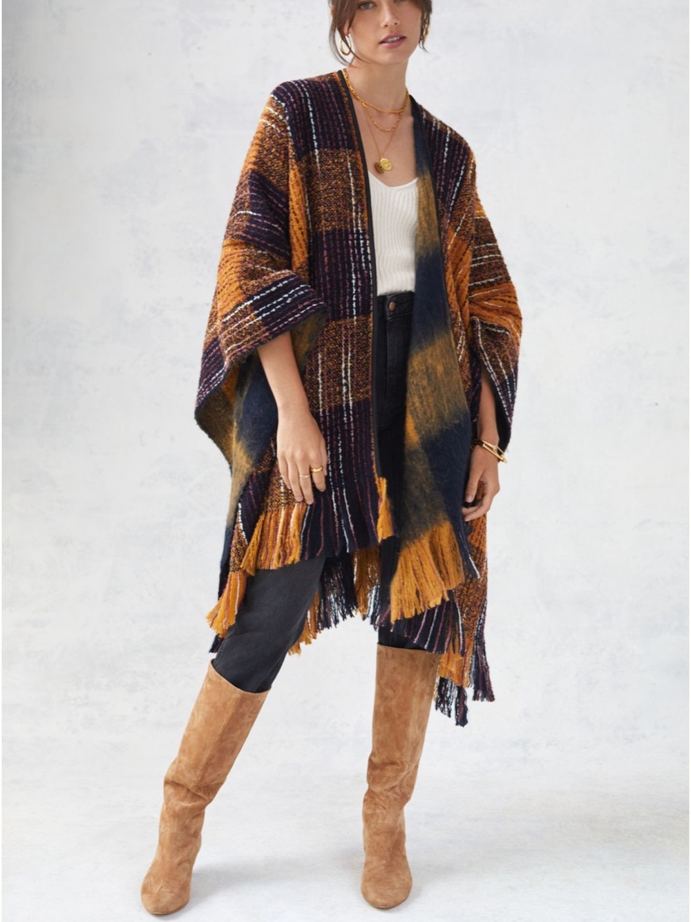 NWOT Anthropologie Brushed Plaid Reversible Cardigan Fringe One Size